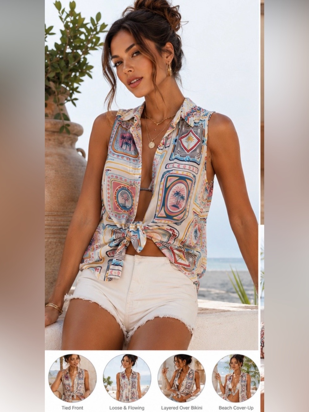 Rose & Olive Geometric Palm Print Sleeveless Blouse XL. NWT